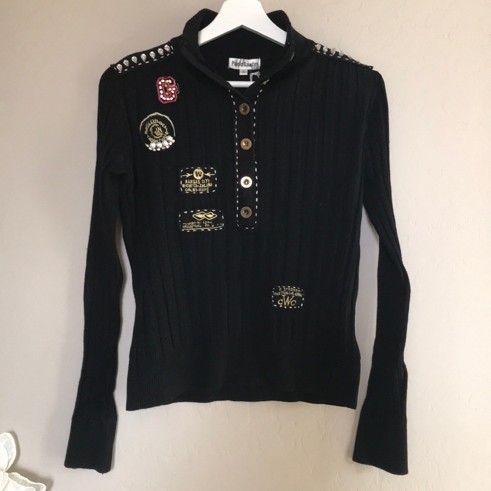 NWT Paolo Santini Black Sleek Full Zip Jacket Colorful Patches Y2K Sz S